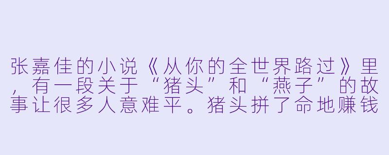 张嘉佳的小说《从你的全世界路过》里，有一段关于“猪头”和“燕子”的故事让很多人意难平。猪头拼了命地赚钱给燕子寄钱，供她留学，最后燕子回国却提了分手。猪头在出租车上追着喊“燕子，没有你我可怎么活啊”。为什么猪头付出了那么多，却换不来一个圆满的结局？