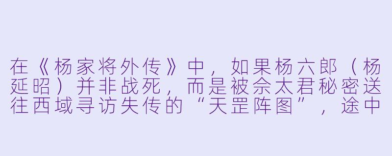 在《杨家将外传》中,如果杨六郎(杨延昭)并非战死,而是被佘太君秘密送往西域寻访失传的“天罡阵图”,途中却意外卷入一场关乎中原与西域气运的棋局,那么他最终带回的究竟是阵图,还是某种更危险的东西?-杨家将外传小说