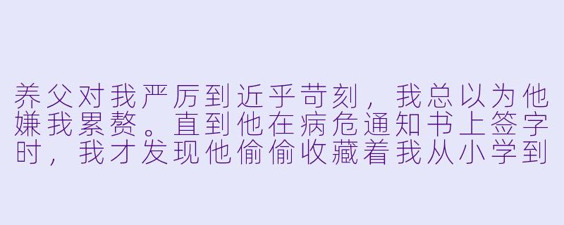 养父对我严厉到近乎苛刻，我总以为他嫌我累赘。直到他在病危通知书上签字时，我才发现他偷偷收藏着我从小学到高中所有的奖状，每一张背面都用铅笔写着：“今天又对她笑了，她没发现。”-养父小说